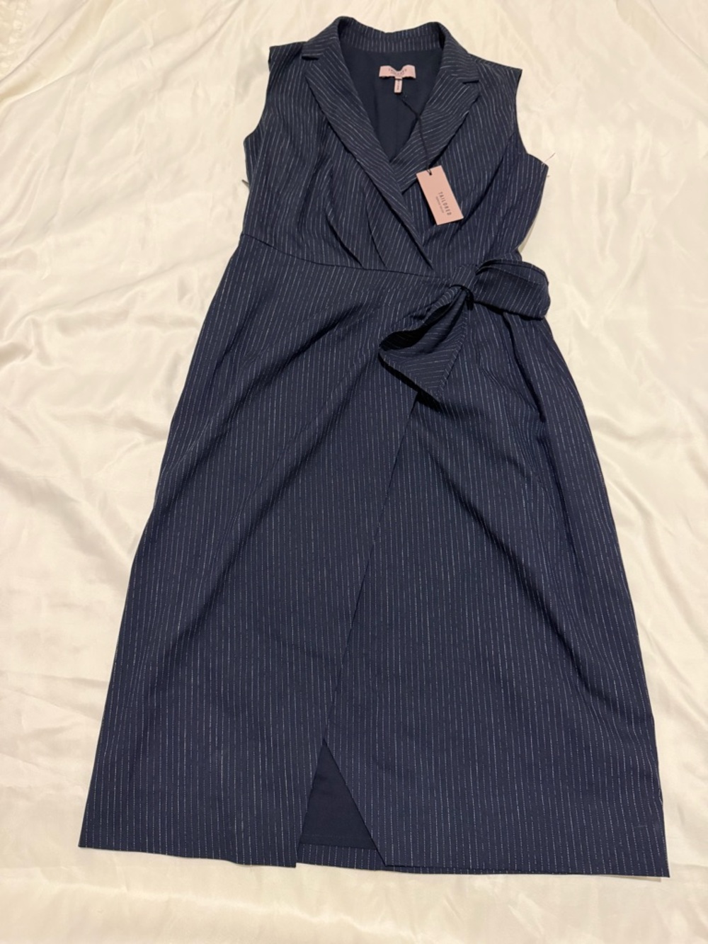 Sleeveless Navy Pinstripe Wrap-Front Mini Dress, SZ 0, NWT - Picture 3 of 14